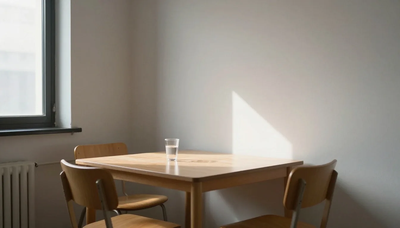 A quiet corner of an editorial room in late afternoon light with two chairs and a glass of water