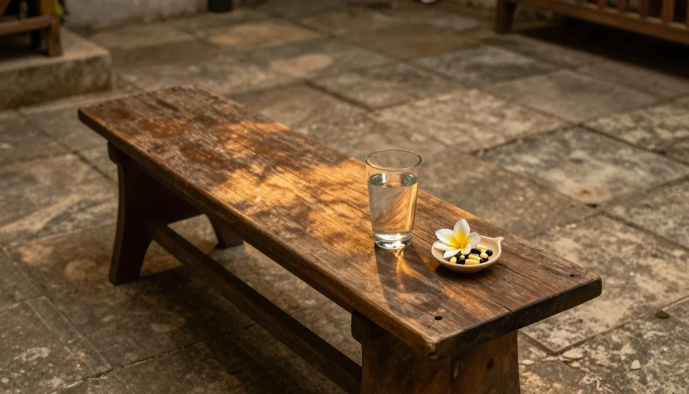An ordinary deskside scene with a glass of water and a small dish of capsules in late-afternoon window light