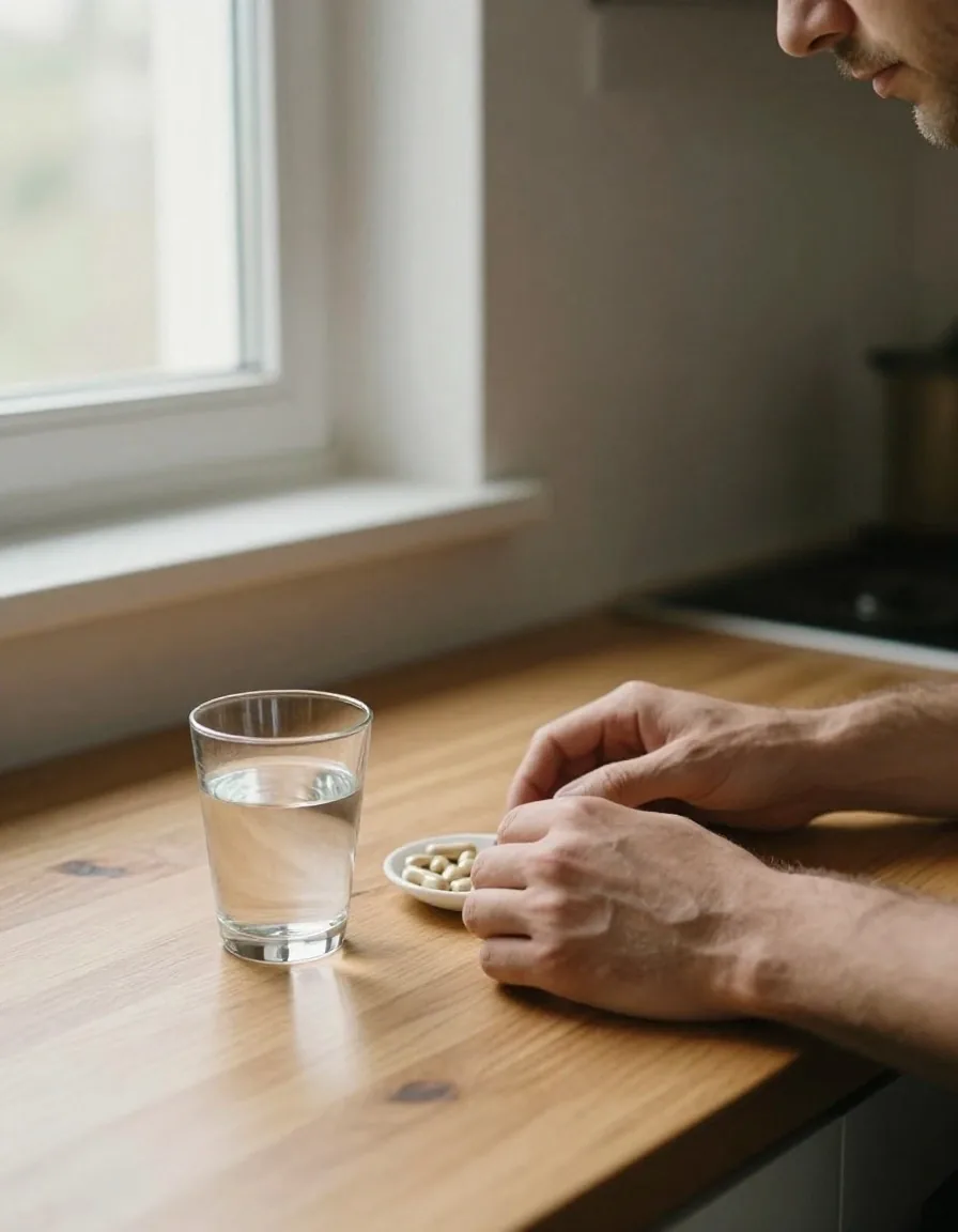 Hands on a kitchen counter beside a glass of water in morning light