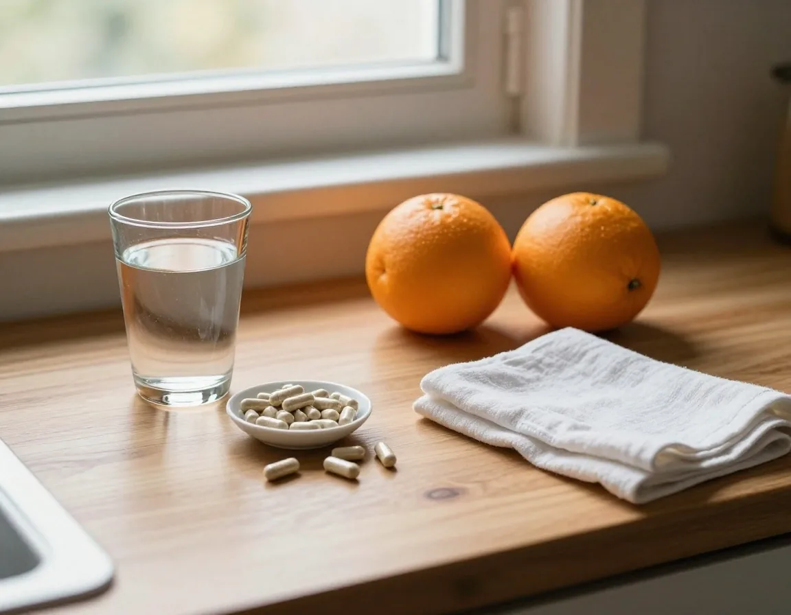 Kitchen bench in morning daylight with water, capsules and fruit