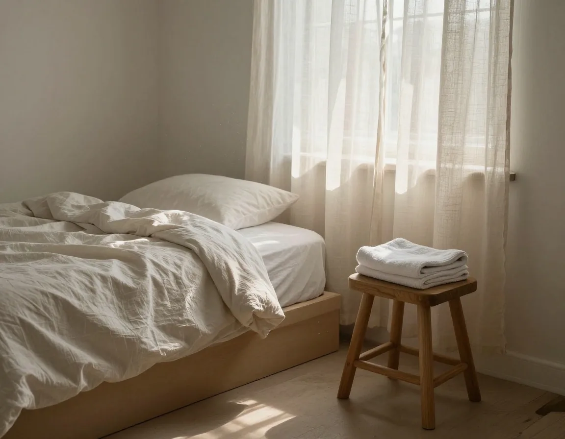 A simple bedroom with morning light through a thin curtain