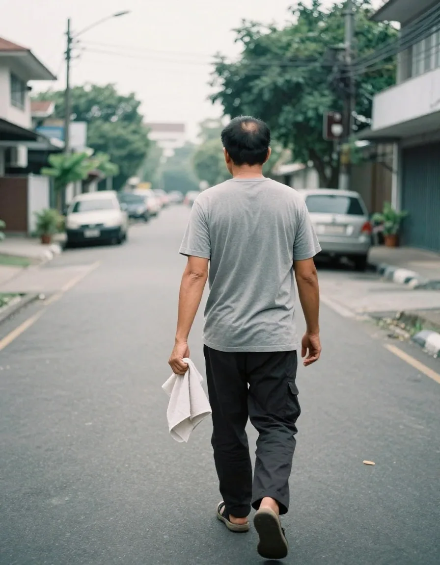 A man walking briskly down a quiet street in early morning light