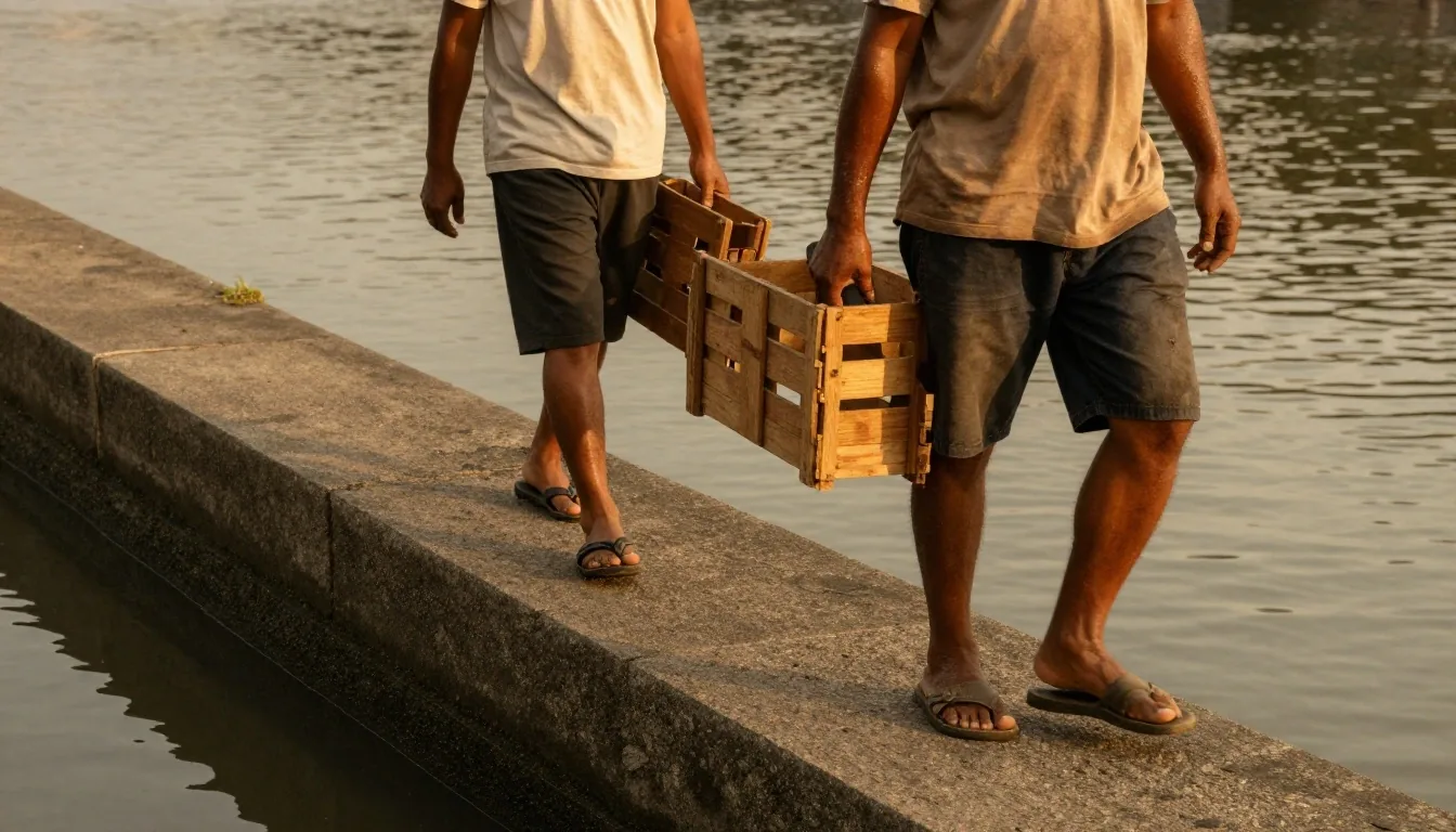 Men carrying a crate along a quay edge in late-afternoon light, calm water in the foreground