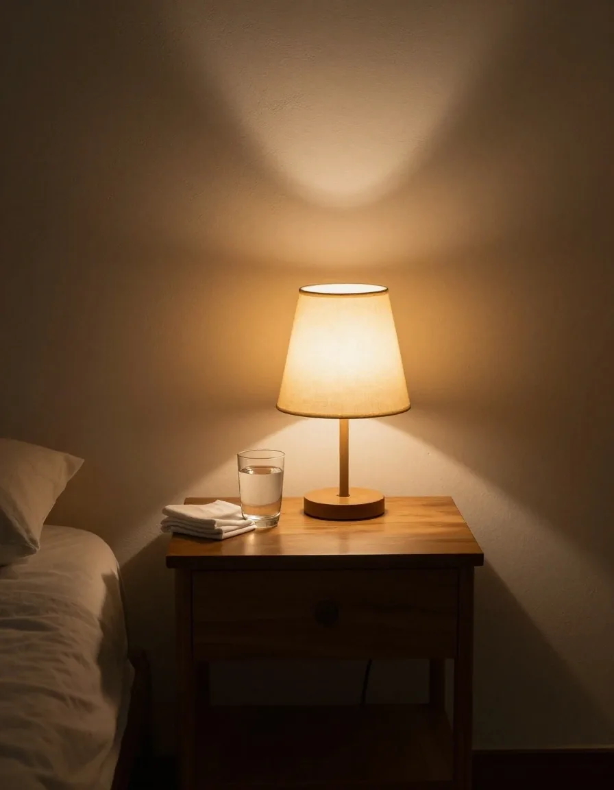 Dim bedside lamp on a simple side table with a glass of water and a folded sheet