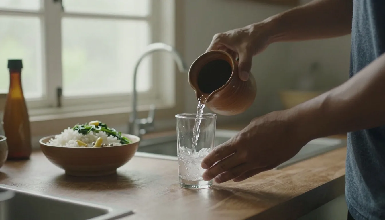 Morning kitchen counter with a glass of water, a small dish of capsules and a simple breakfast