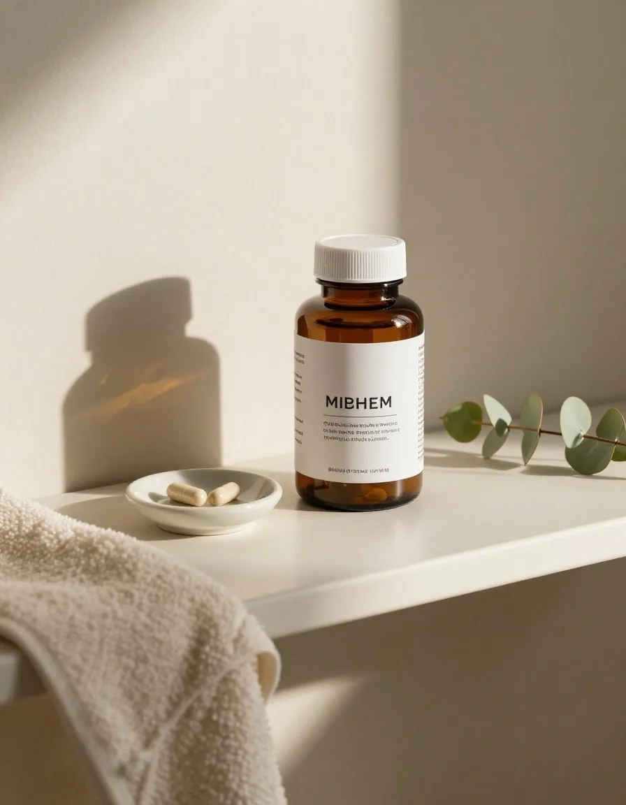 A bedside table with a jar, a small dish of capsules and a folded pair of glasses