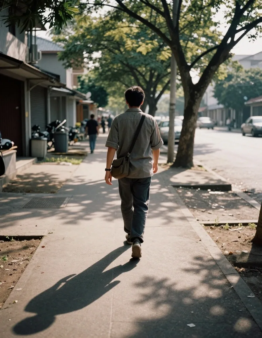 A man walking briskly along a tree-lined street in late-afternoon light