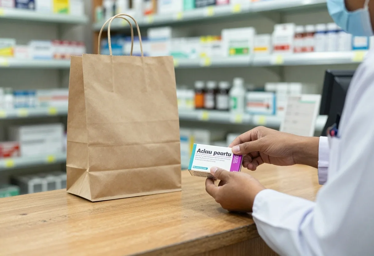 A counter in a neighbourhood pharmacy with a box being placed beside a paper bag