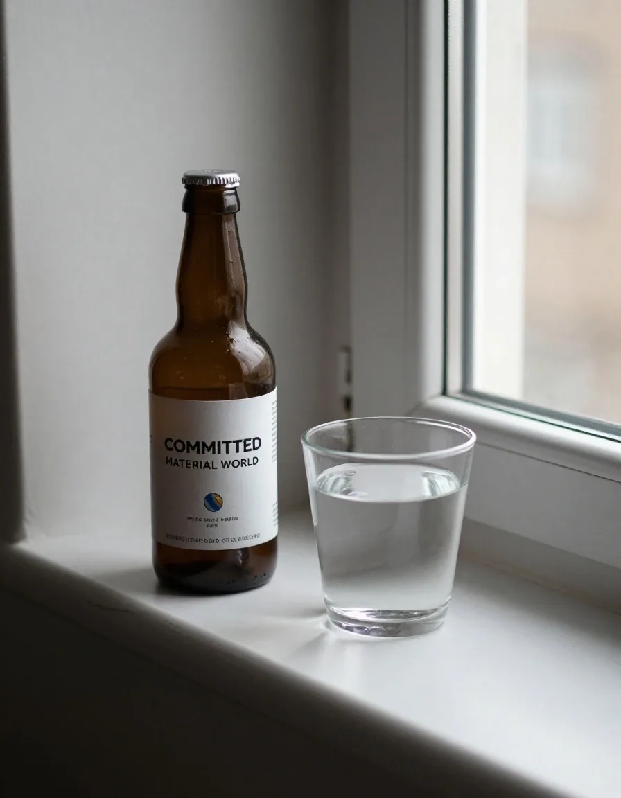An open bottle on a shelf beside a cup of water in early morning window light