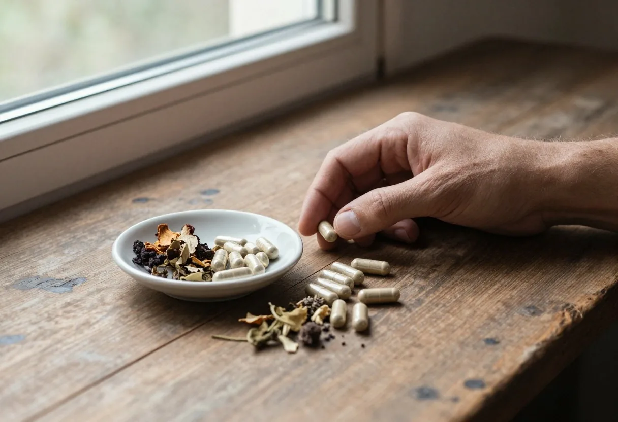 Natural capsules and whole botanicals arranged on a plain pale surface in daylight