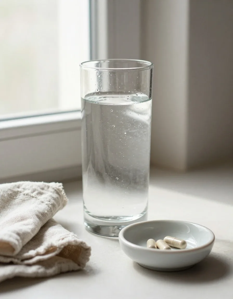 A glass of water on a morning windowsill beside a small dish of two natural capsules