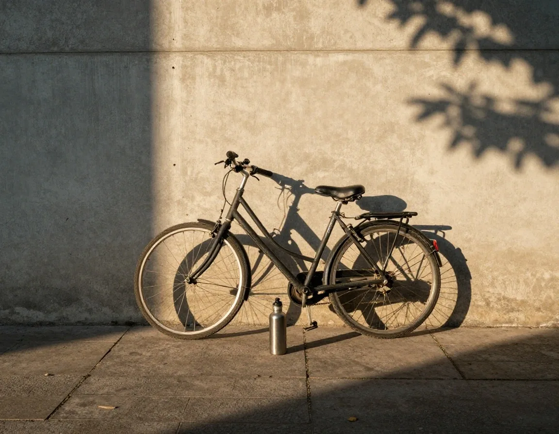A bicycle leaning against a sunlit wall in late afternoon with a water bottle on the ground