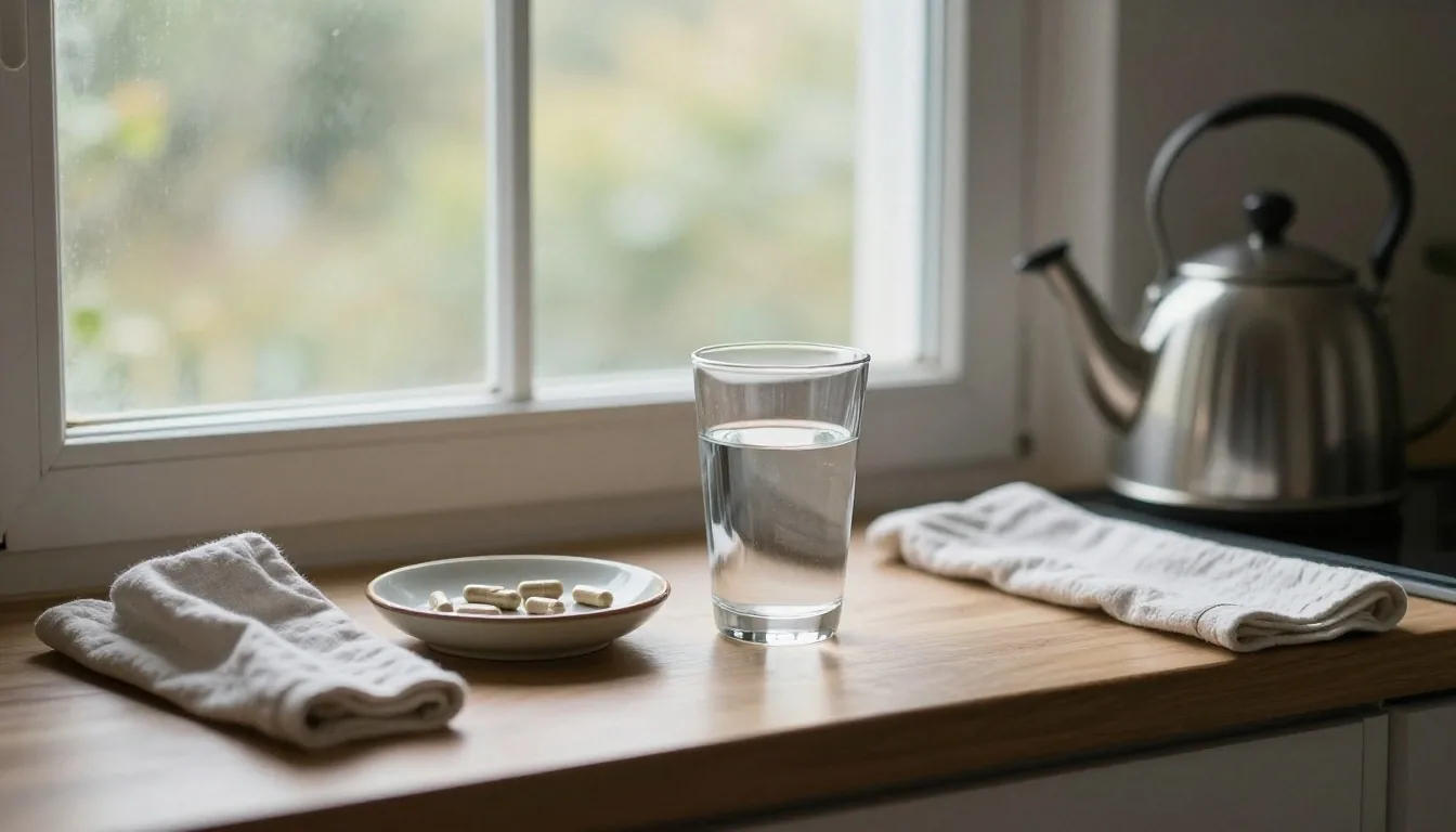Hands at a morning kitchen counter with a glass of water and a small dish of natural capsules in soft daylight