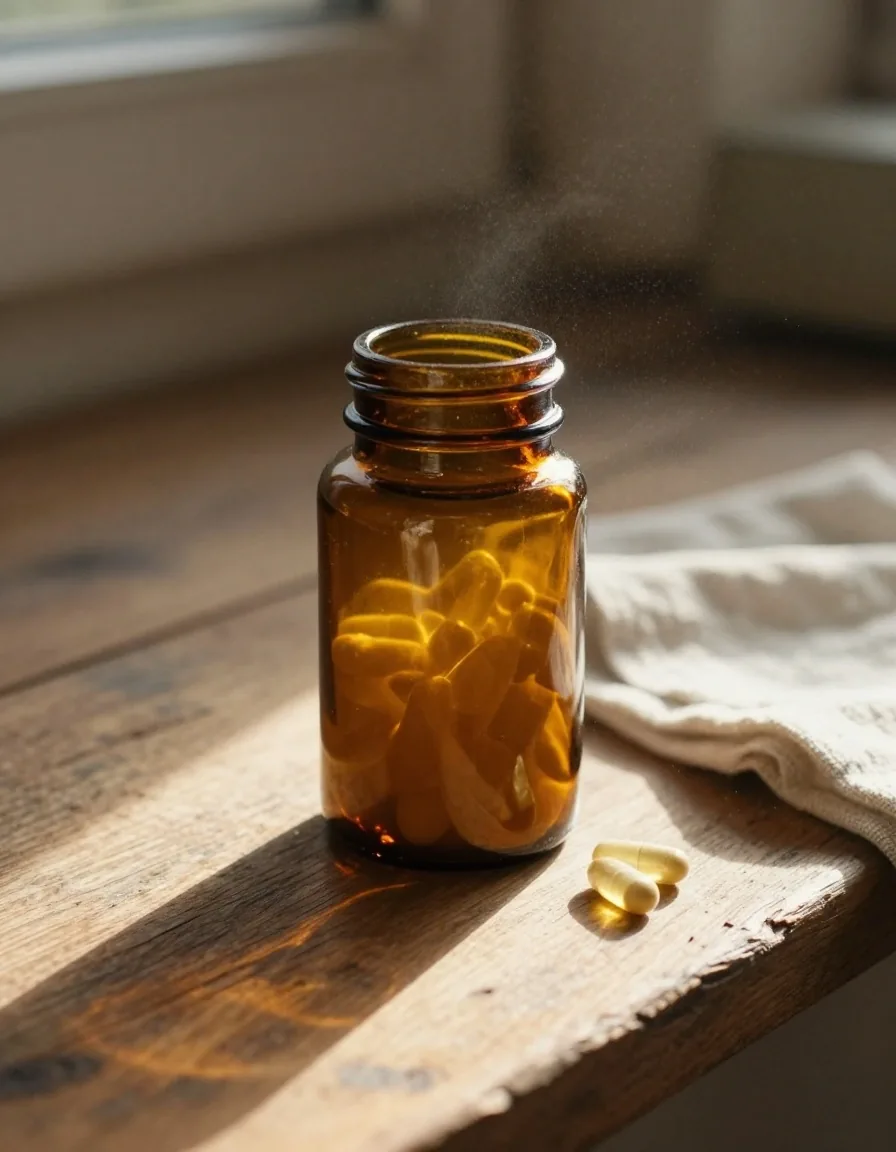 Unlabelled amber glass bottle of capsules on a wooden windowsill in sidelight