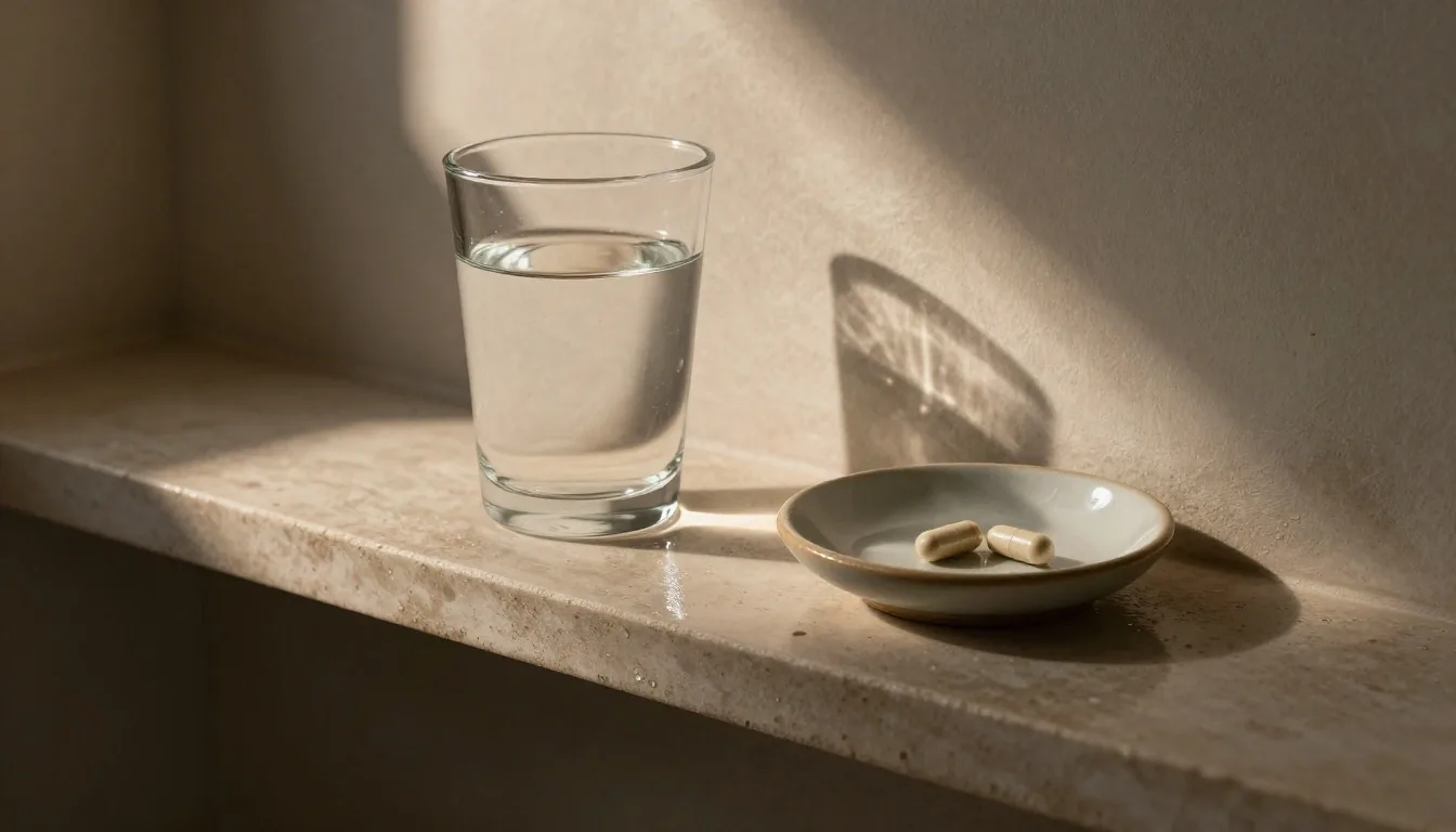 A glass of water on a kitchen counter in morning daylight