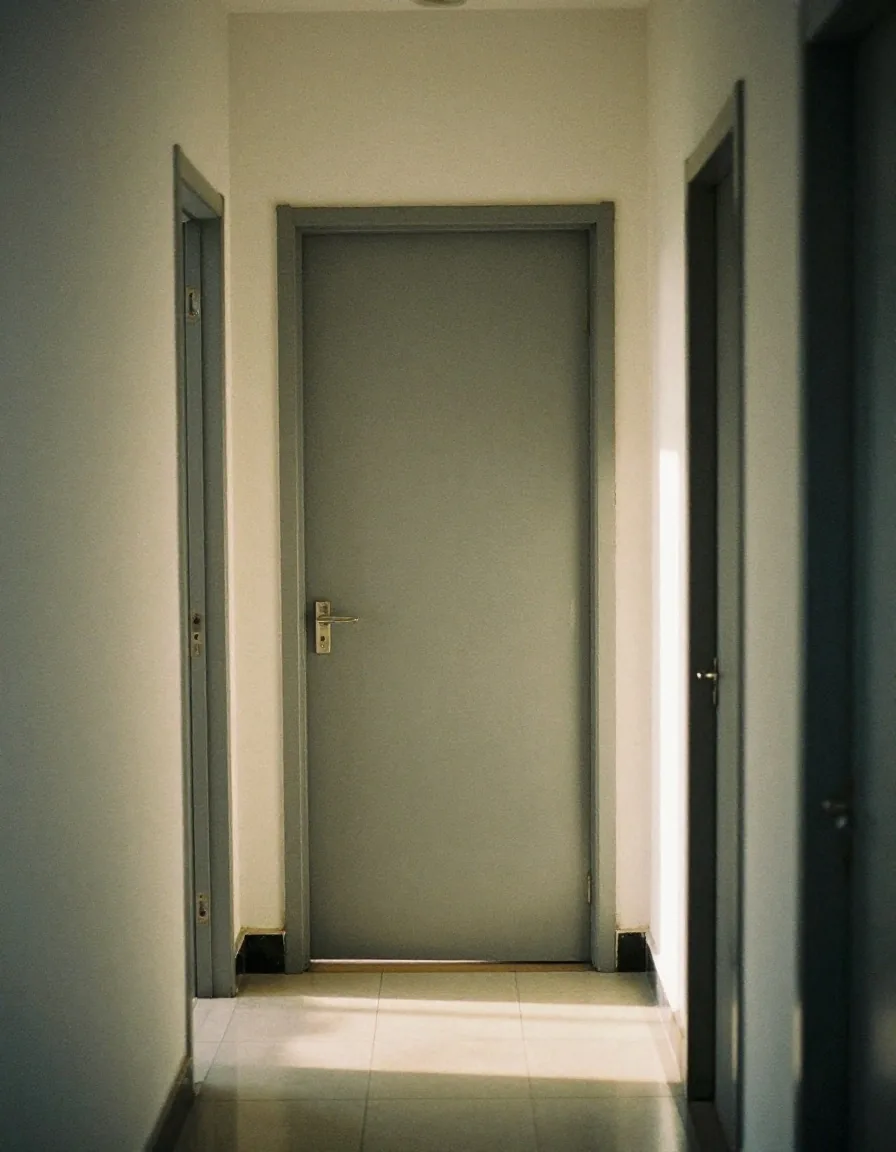A plain door left open onto a sunlit corridor