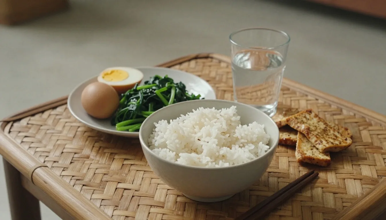 A morning plate of rice, egg, tempeh and greens on a worn kitchen table in early daylight