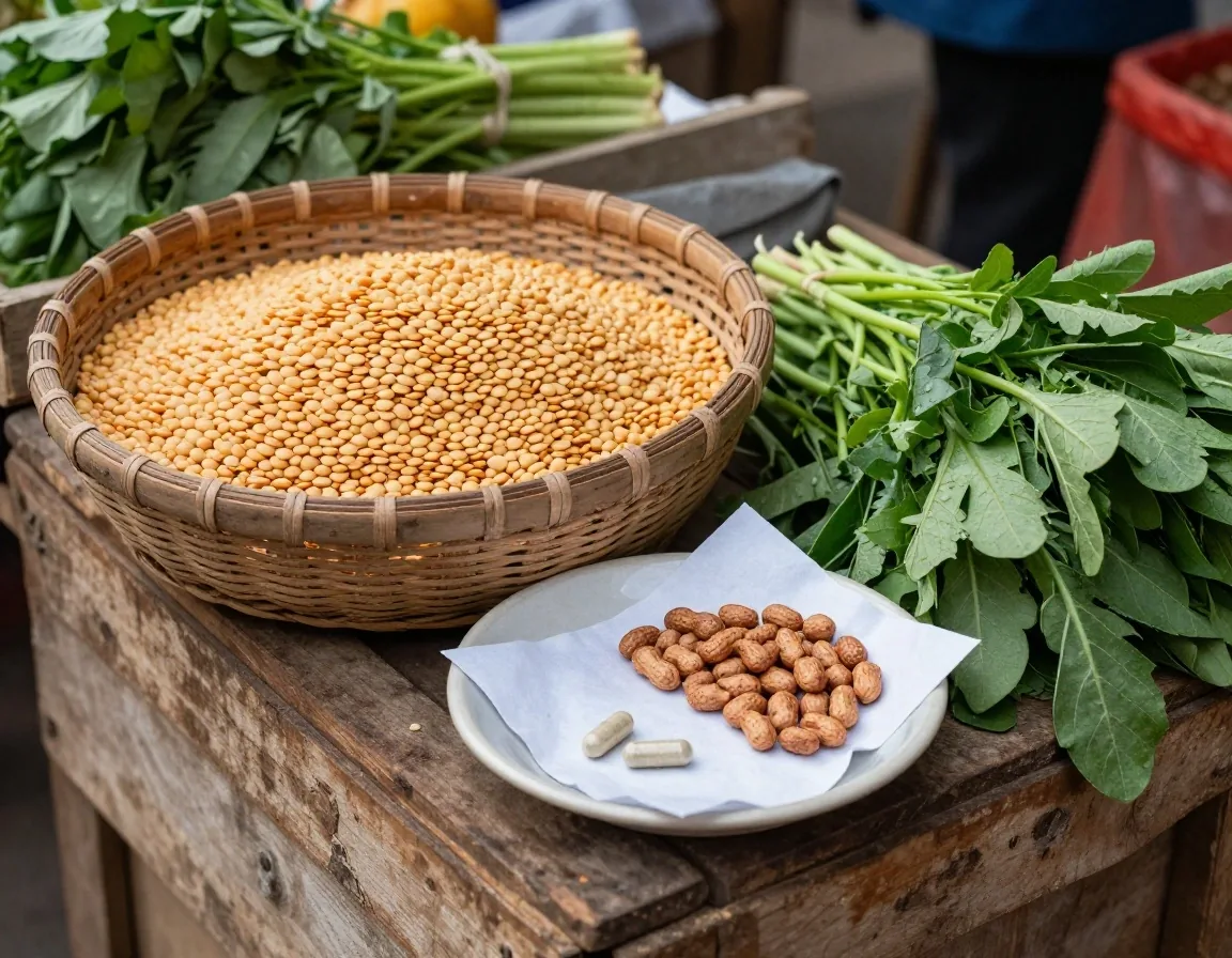 Natural capsules in a small dish beside peanuts, lentils and leafy greens on a plain pale surface